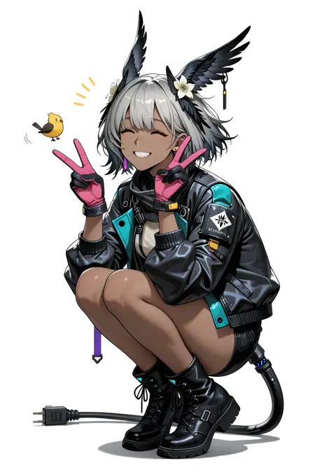 1girl,^_^,absurdres,animal_ears,arknights,bird_ears,bird_girl,black_feathers,black_gloves,boots,cable,cable_tail,closed_eyes,dark-skinned_female,dark_skin,double_v,earrings,electric_plug,electric_plug_tail,feather_hair,feathers,flower,gloves,grey_hair,hair_flower,head_wings,highres,jacket,jewelry,mechanical_tail,pink_gloves,raidian_\(arknights\),short_hair,smile,solo,squatting,tail,takiren,two-tone_gloves,v,wings