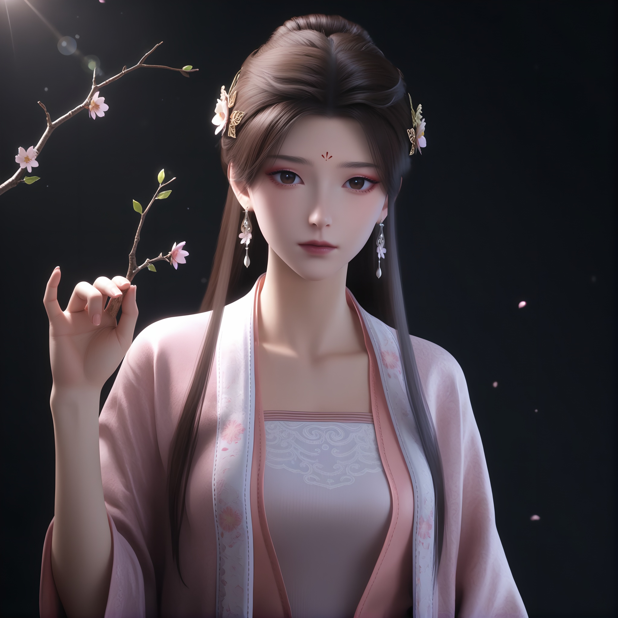 masterpiece,best quality,absurdres,highres,(glamor:1.1),(slender:1.1),skinny,<lora:苏檀儿-ill-000008:0.83>,1girl,solo,flower hair accessory,hair flower,hair ornament,long hair,half-up bun,dark brown hair,jewelry,earrings,forehead mark,brown eyes,pupils,dilated_pupils,brown_pupils,silk robe,pink robe,layered outfit,beizi,ru top,waist sash,pink,collarbone,large breasts,sutaner,looking at viewer,(front view),(ok_sign),BREAK(white_skin:1.1),(fair_skin:1.1),realistic,twig,branch,falling petals,simple background,black background,rim light,Volumetric Lighting,lens flare,Tyndall effect,depth of field,bokeh,sparkle,