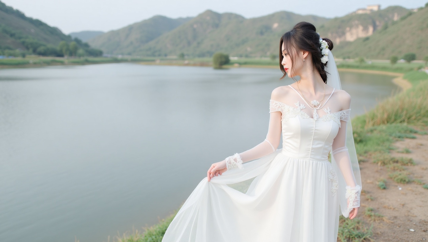 A sexy Chinese woman dressed in a transparent,A sexy Chinese woman dressed in a transparent, light-colored Hanfu, a beautiful bride wearing a white wedding dress, standing by the riverside.