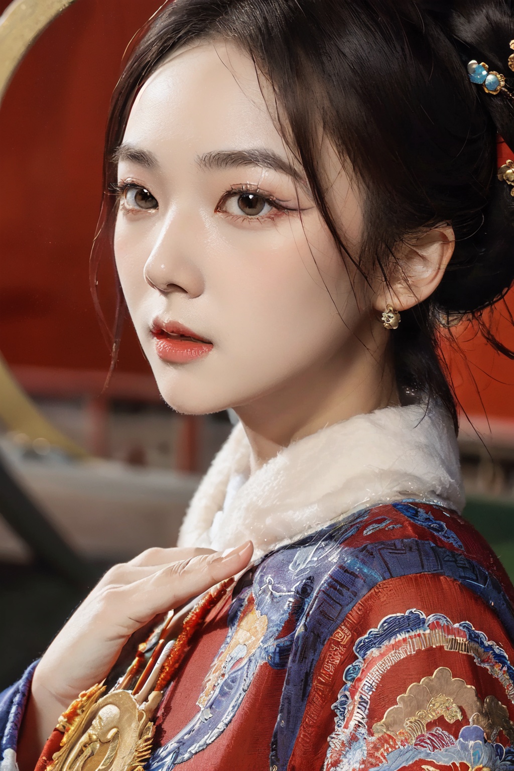masterpiece,best quality,<lora:清代宫廷人设:1>,close-up,hair_bun,qing dynasty clothing,portrait,ancient china,simple_background,portrait,看着镜头,