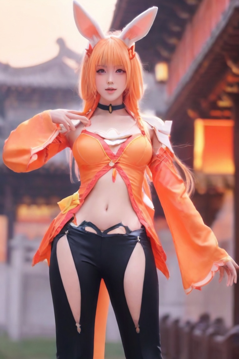 <lora:ALI公孙离-000007:0.7>,ALi,1girl,animal ears,long hair,rabbit ears,solo,navel,clothing cutout,breasts,choker,looking at viewer,black pants,orange hair,navel cutout,blurry background,pants,bangs,masterpiece,best quality,big breasts,