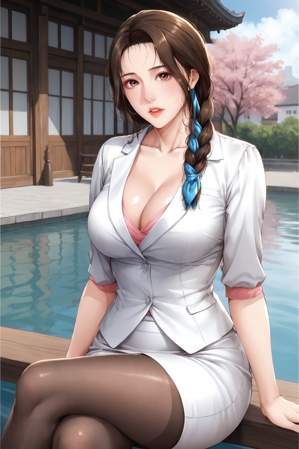 safe_pos,score_9,score_8_up,score_7_up,yuanshen,1girl,breasts,skirt,solo,brown hair,braid,cleavage,large breasts,brown eyes,parted lips,mature female,hair over shoulder,long hair,collarbone,single braid,hair ribbon,(white suit:1.5),skirt,pencil skirt,pantyhose,sitting,crossed legs,looking at viewer,cowboy shot,nice hands,<lora:pony寄宿日记-张美静:0.8>,(highres, high quality:1.3),intricate details,sharp focus,depth of field,outdoors,lake,sunlight,peach blossom,soft focus,bright skin,Holy lighting,white skin,mature female,magnificent architecture,beautiful detailed sky,overexposure,dynamic pose,dynamic angle,<lora:add-detail-xl:0.5>,mature female,curvy,shiny skin,oiled skin,Expressiveh,