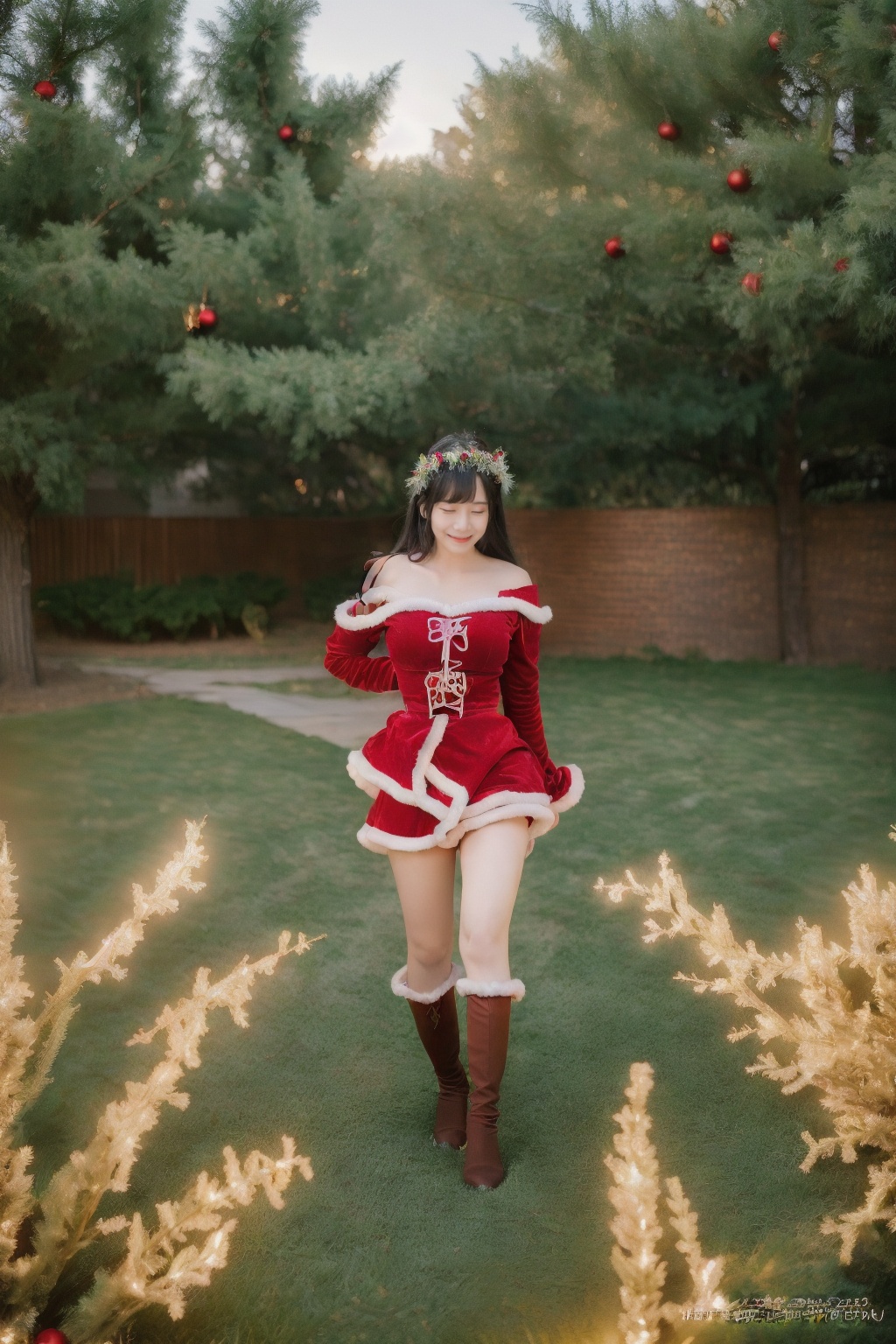 (1girl:1.3), (best quality, masterpiece, ultra high resolution),(photorealistic:1.3), (realistic:1.3), depth of field,(full body:1.2), (outdoors:1.2), (day:1.2), (cinematic lighting:1.2),   Chrismas Eve, Chrismax tree background, <lora:CosChrismasCat:0.7>