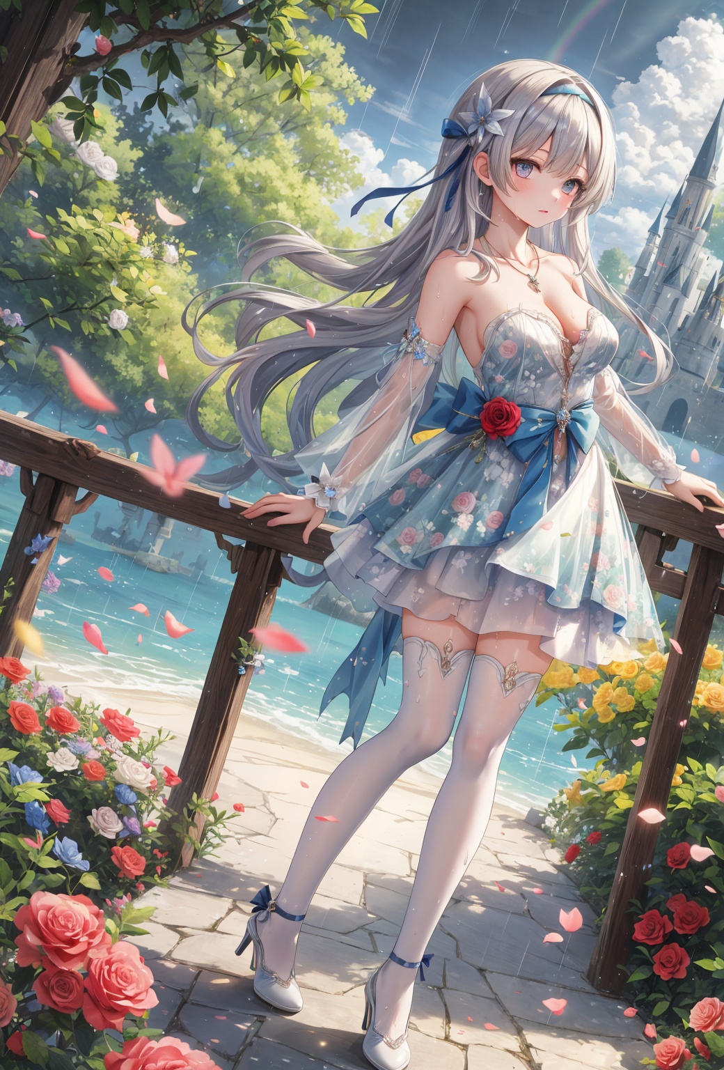 masterpiece,best quality,absurdres,1girl,solo,beautiful detailed girl,fine and beautiful detailed skin,perky breasts,collarbone,microskirt,dress,strapless dress,with delicate lace and sparkly gems,flower necklace,frilled skirt,clear sky,water drop,low-cut,sideboob,wet and messy,see-through,in full bloom,The trees are full of flowers,long hair,extremely detailed beautiful background,CG,8K wallpaper,high heels,legwear,full body,outdoors,floral print,floating castle,guard rail,wooden fence,petals,100000 flowers,a lot of flowers,rose,flower field,bow hairband,Chest bow,lantern,firecrackers,rainbow,rain,(hand on waist:1.2),cleavage,unbuttoned clothes,ray tracing,reflection light,nature,liuying,bangs,hair ornament,<lora:流萤10:0.5>,<lora:torino_aqua:0.2>,<lora:fairycore:0.2>,