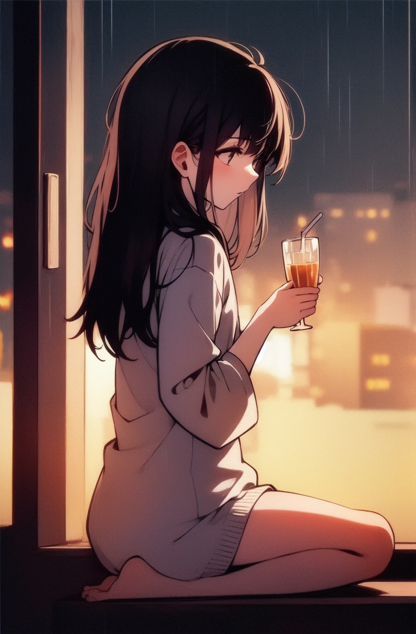ultra highres,masterpiece,best quality,1girl,rain,long hair,barefoot,black hair,sitting,black cat,solo,window,night,drinking,shirt,holding cup,city lights,bare legs,from side,blurry background,water drop on glass window,
