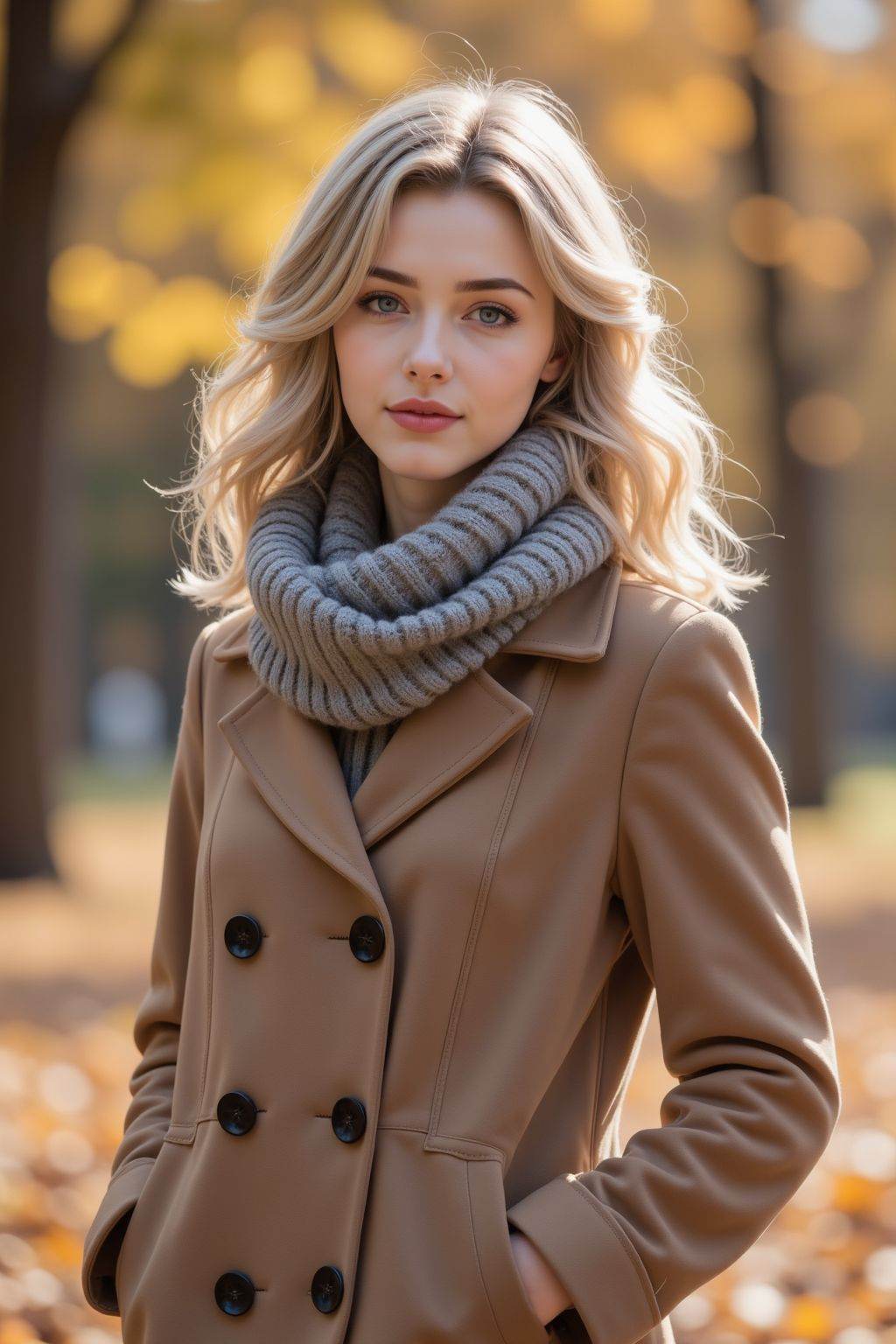 Photograph of a young Caucasian woman with wavy, shoulder-length blonde hair and fair skin, standing in an autumnal park. She has blue eyes and wears subtle makeup. She is dressed in a light brown, double-breasted wool coat with black buttons, and a thick, gray knitted scarf wrapped around her neck. Her hands are in her coat pockets, and she gazes softly at the camera with a slight smile. The background is blurred, featuring golden sunlight filtering through trees and fallen leaves on the ground, creating a warm, inviting atmosphere. The image has a soft, romantic, and slightly dreamy quality.