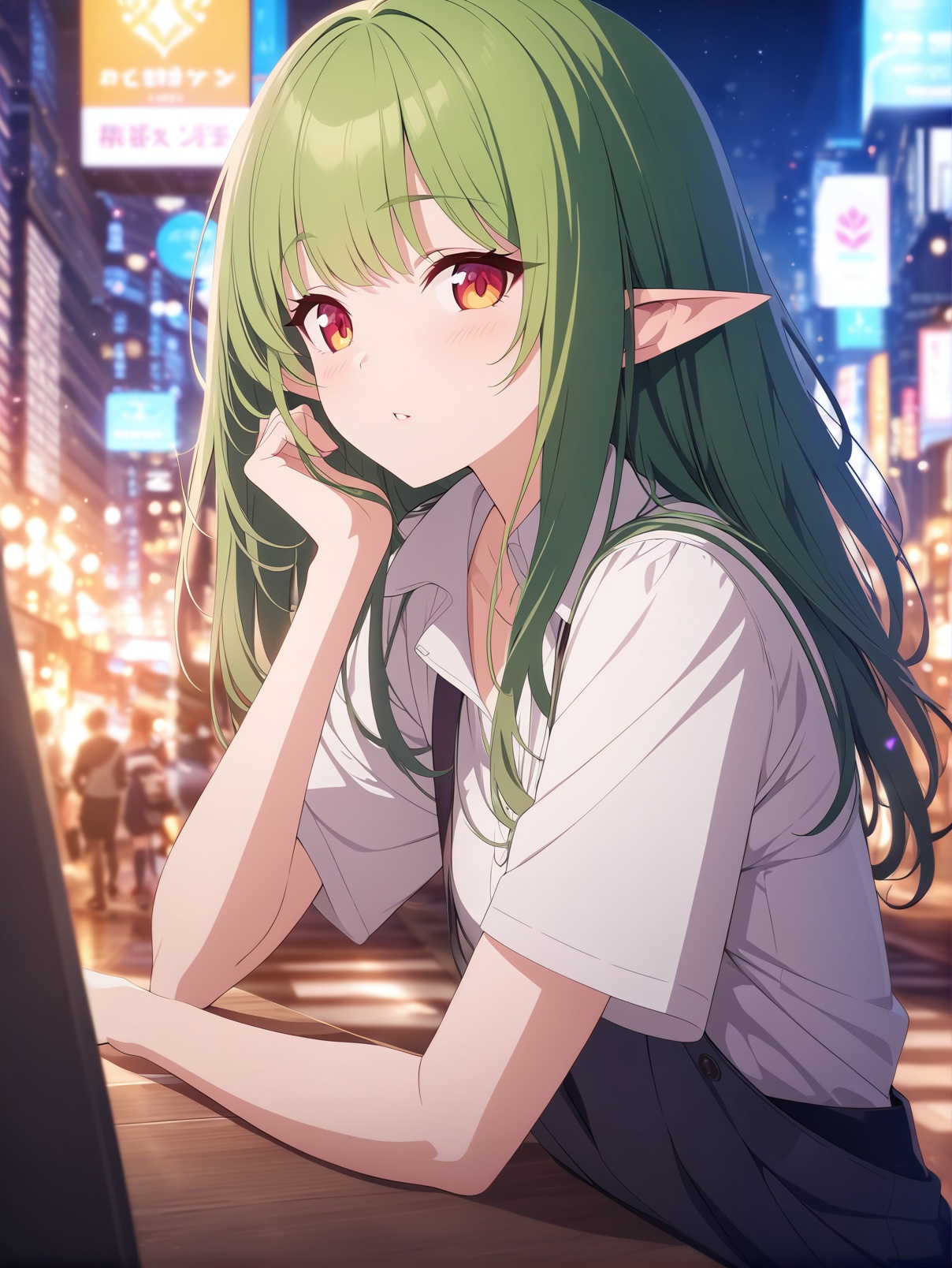 Create a close-up image of a young elf girl in a city setting. She has pointed ears and a modern outfit of a white shirt a...