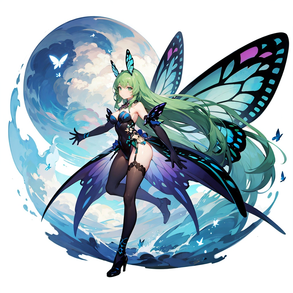 (masterpiece, best quality),[(white background:1.5)::5],(wide shot:0.95),(full body),Dynamic angle,solo,1girl,very_long_hair,green_hair,solo,fairy,flying,butterfly_hair_ornament,butterfly_wings,animal,elbow_gloves,(sky in background:1.1),particle effects,