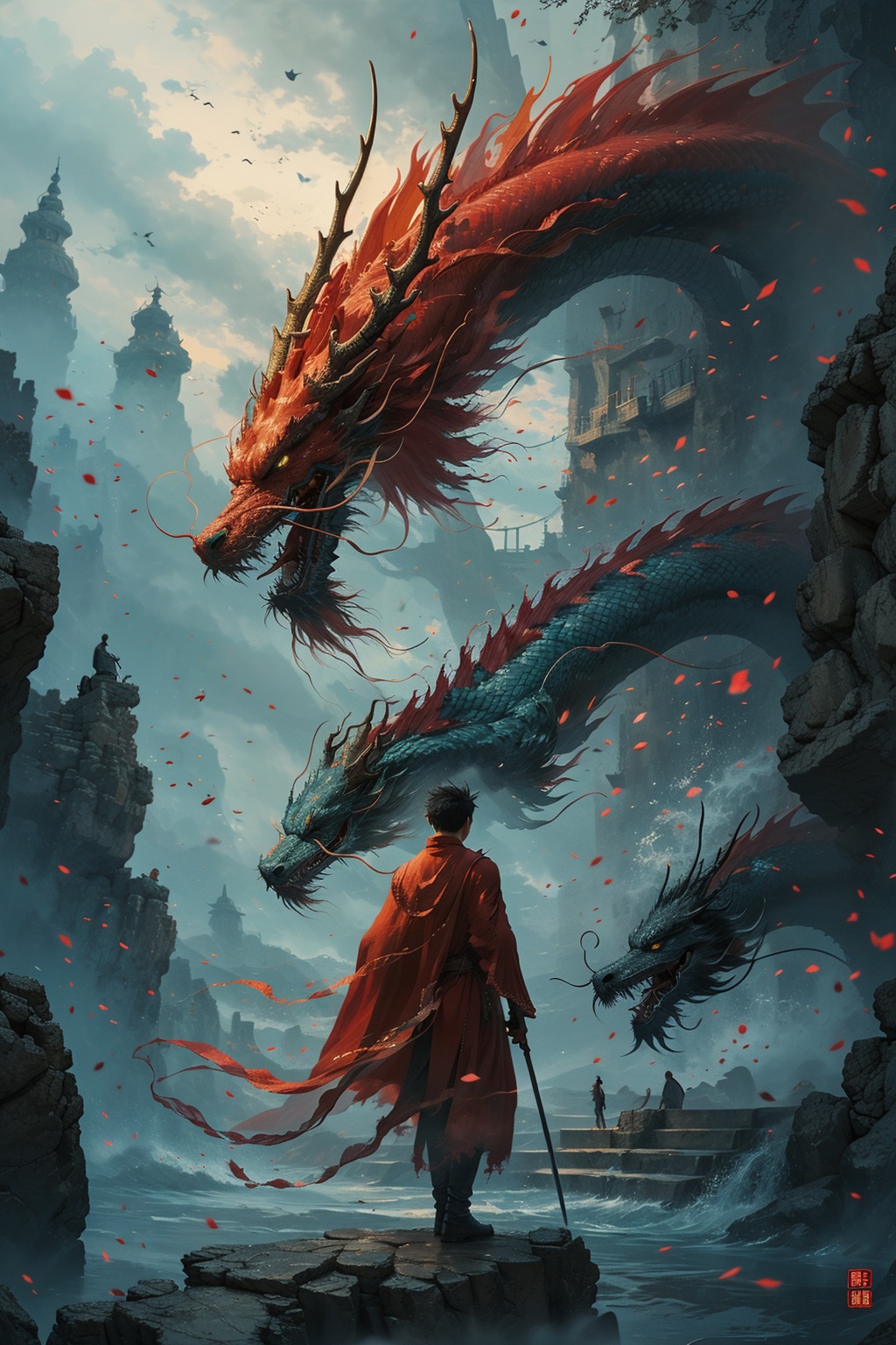 sdmai, guofenglong, dragon, cape, red cape, sword, from behind, eastern dragon, weapon, 1other, standing, 1boy <lora:国风龙sdmai,guofenglong:0.8>