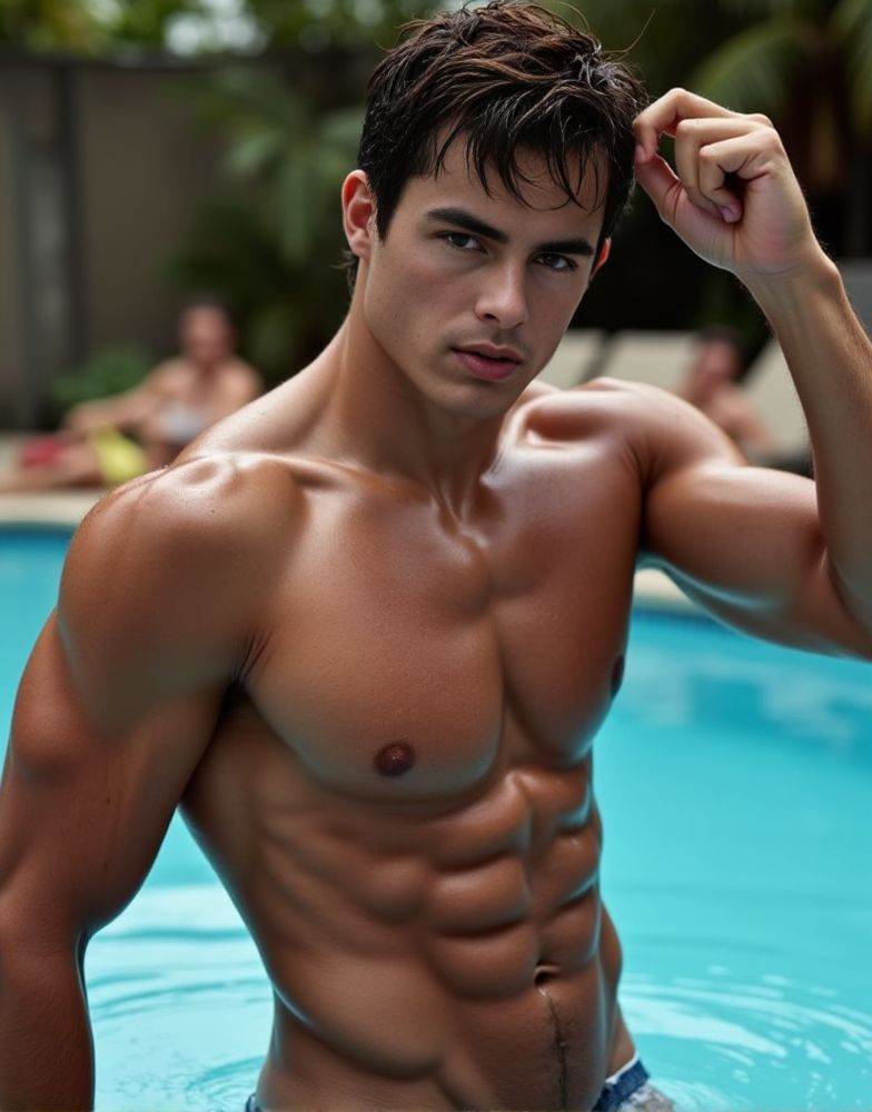 Pietro Boselli ,  emerging from a swimming pool. water dripping from his sculpted body. brushing his wet hair back with on...