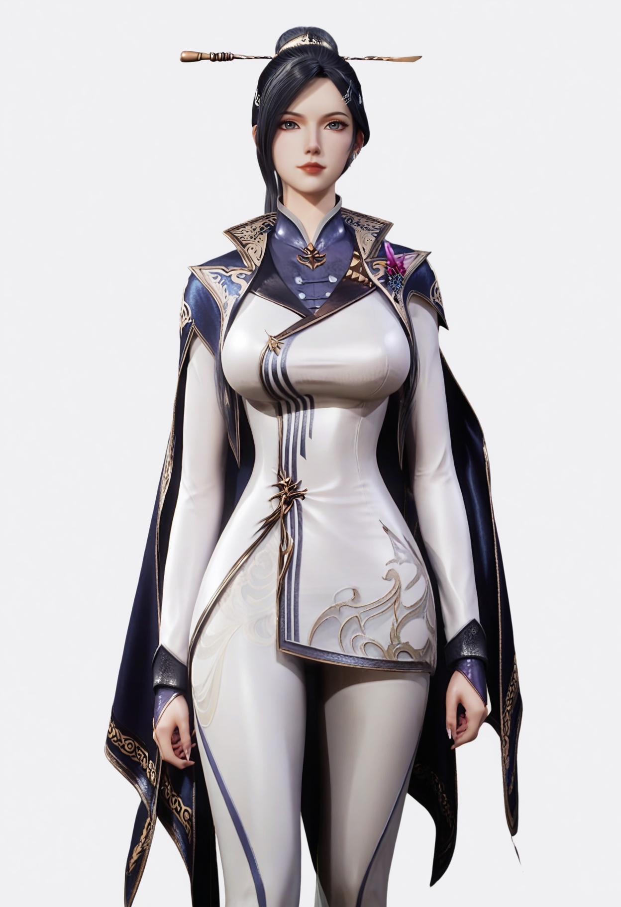 score_9,<lora:SF_ZhouYi_Pony_Realism2.3-000004:0.7>,1girl,solo,hair ornament,long hair,dress,hair bun,breasts,large breasts,dress,black hair,cape,pants,looking at viewer,white background,simple background,