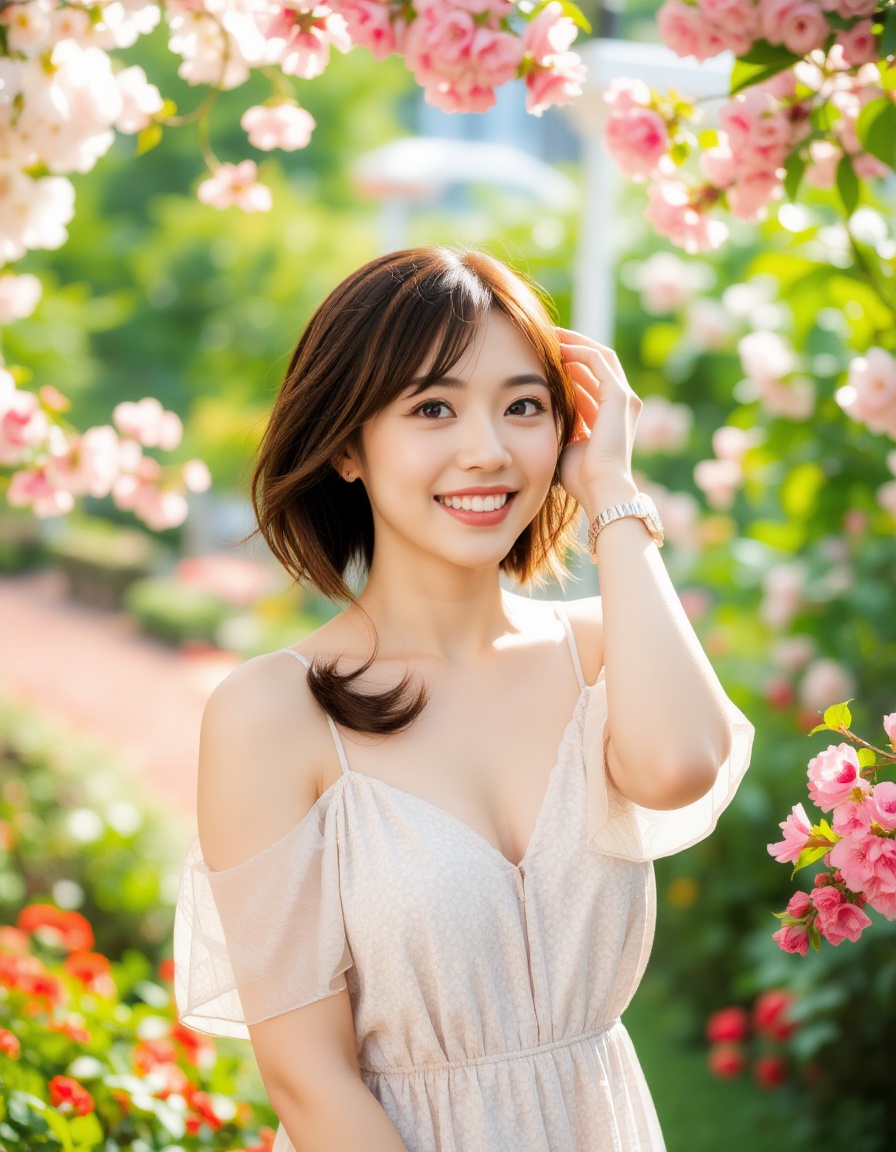 A high-quality photograph of a young woman standing in a vibrant garden,  smiling brightly. She has short,  wavy brown hai...