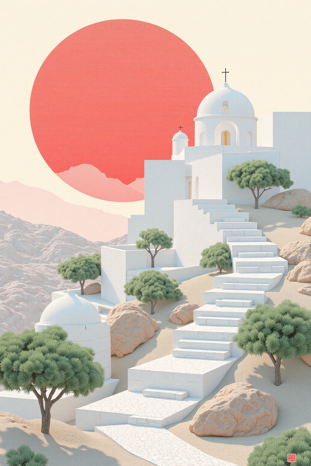 beijihui,The image depicts a serene and picturesque landscape with a large red sun setting or rising in the background, casting a warm glow over the scene. The foreground features a white stone staircase leading up to a white building with a dome, which is situated on a high elevation. The building is surrounded by a white wall, and there are small green trees and rocky terrain visible around the staircase. The overall color palette is soft and muted, with the red sun providing a striking contrast against the predominantly white and green landscape. The scene evokes a sense of tranquility and timelessness, reminiscent of a Mediterranean or desert environment.