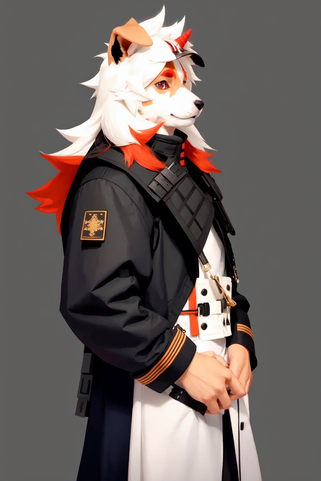 hung_(arknights),two-tone_fur,white_fur,brown_fur,dog_boy,furry_male,single_horn,1boy,solo,muscular_male,bara<lora:hung_(arknights):1>,simple background,white backgroundmasterpiece,best quality, highly detailed, 