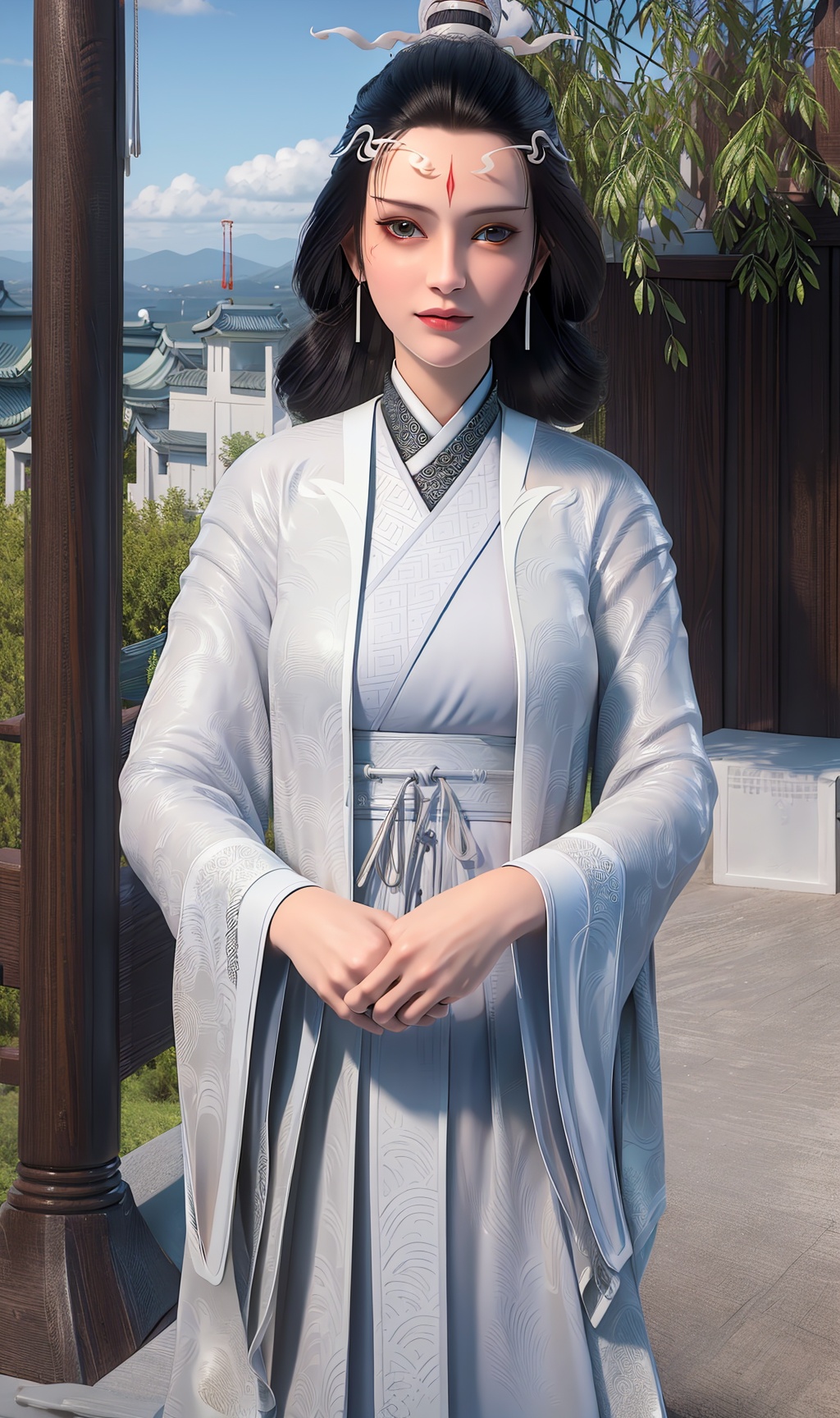 masterpiece,(best quality),official art, extremely detailed cg 8k wallpaper,((crystalstexture skin)), (extremely delicate and beautiful),highly detailed,1girl,solo,long hair,headwear,(standing),( hair),(( dress)),, (chinese_clothes),(shoes),((upper body)),sweet smile, (medium breasts),((hair_ornament)), (japanese_clothes:0.877), (fishnet_gloves:0.780), (racket:0.736),(sunshine, outdoor,),((looking_at_viewer)),((Facing the camera))，, <lora:hipoly3DModelLora_v10:0.3>