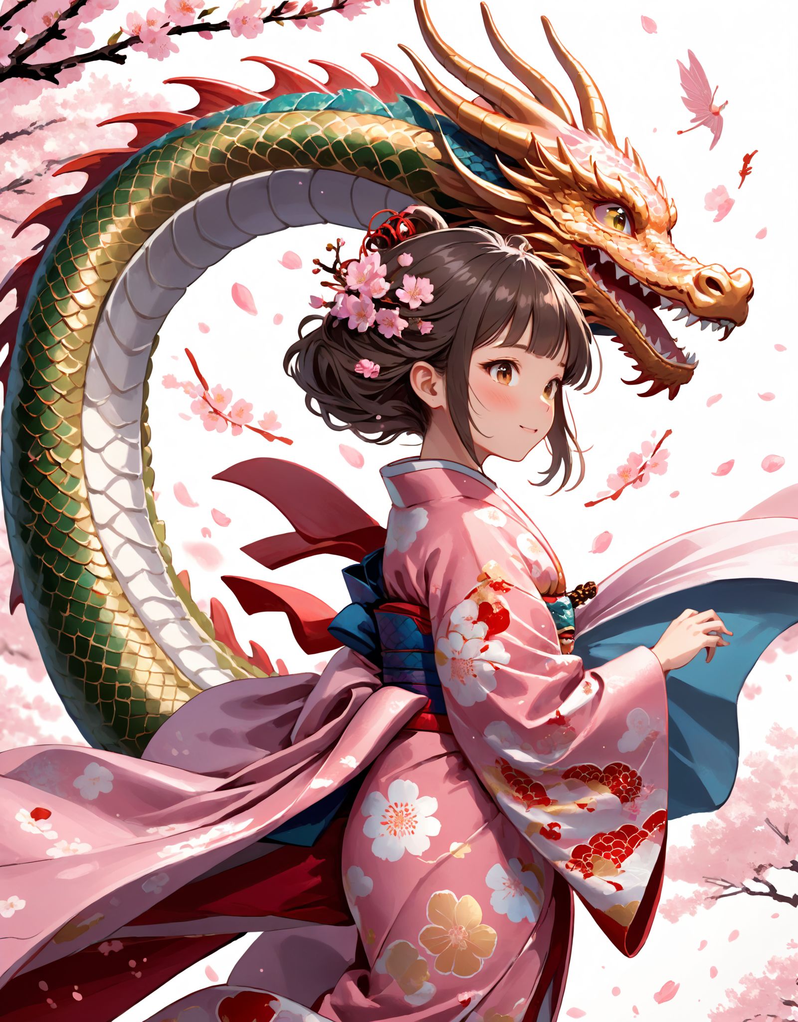 Illustration of a young girl in a traditional Japanese kimono,  gracefully riding on the back of a majestic dragon as they...
