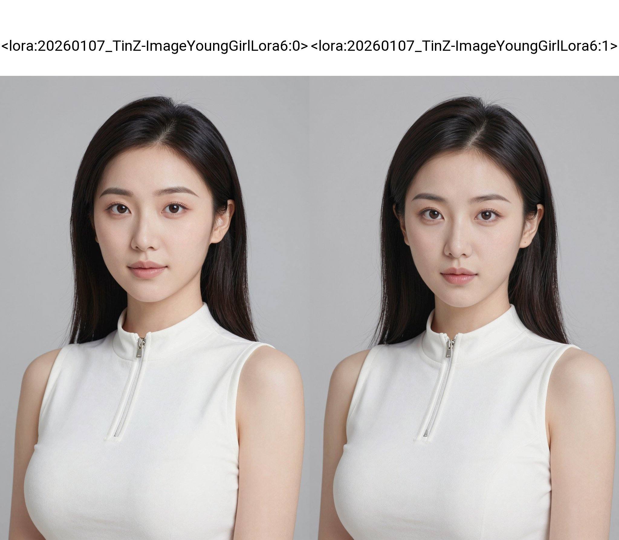 This is a photograph of an East Asian woman with fair skin, straight black hair, and a slender physique. She has a round face, almond-shaped brown eyes, and full lips. She wears a sleeveless white top with a high collar and a zipper detail. Her makeup is subtle, with a natural look. The background is a plain, light grey. The overall image has a soft, professional quality, focusing on her serene expression and elegant appearance.<lora:20260107_TinZ-ImageYoungGirlLora6:0>