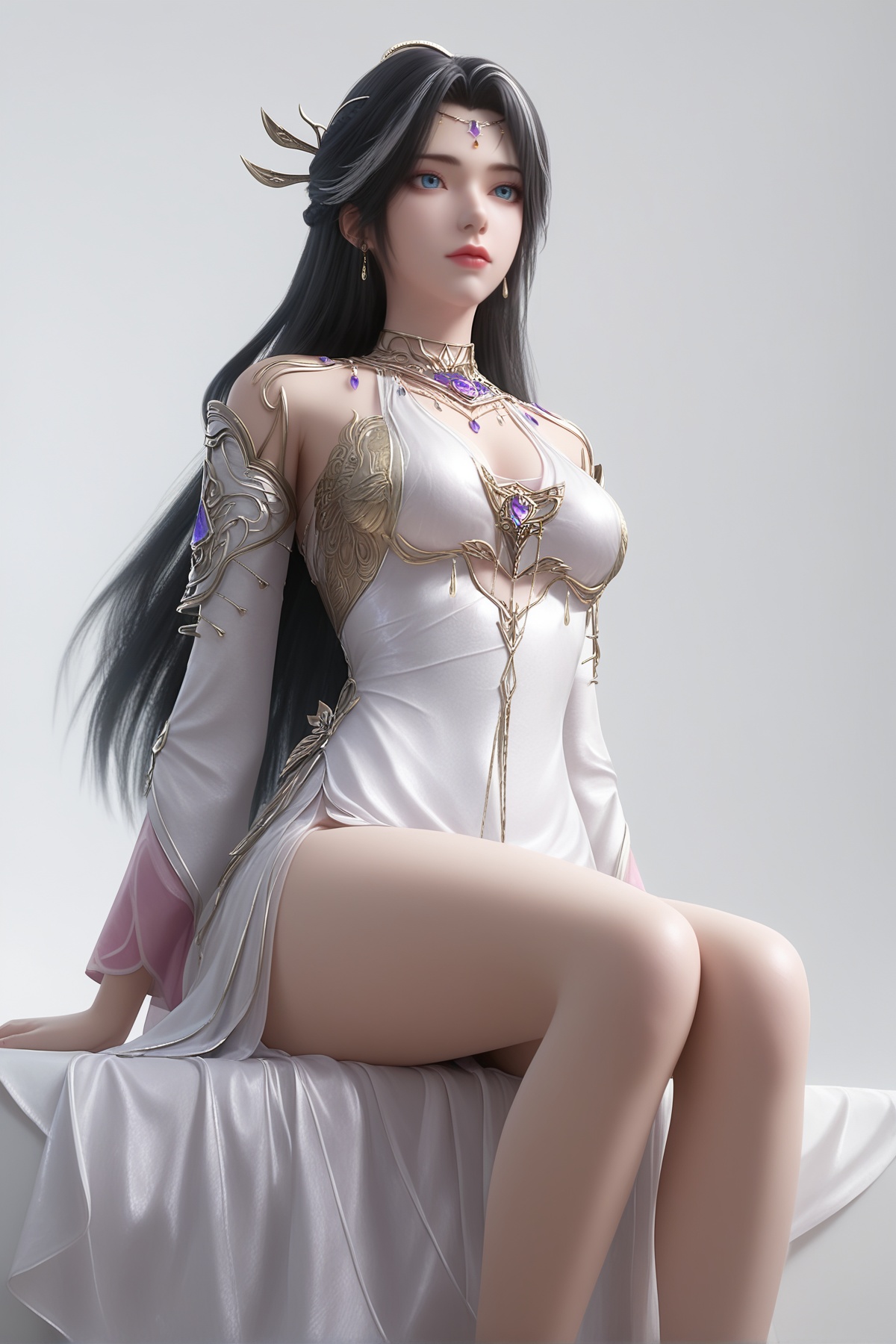 masterpiece,best quality,realistic,cinematic,detail eyes,(ultra-detailed),perfect composition,intricate details,absurdres,detailed face,high quality,high res,8K,<lora:X_monv_IL3.0:0.8>,1girl,long hair,breast,medium breast,earrings,hair_ornament,dress,black hair,multicolored hair,white hair,eyes,blue eyes,white_dress,bare_legs,sitting,simple background,white_background,