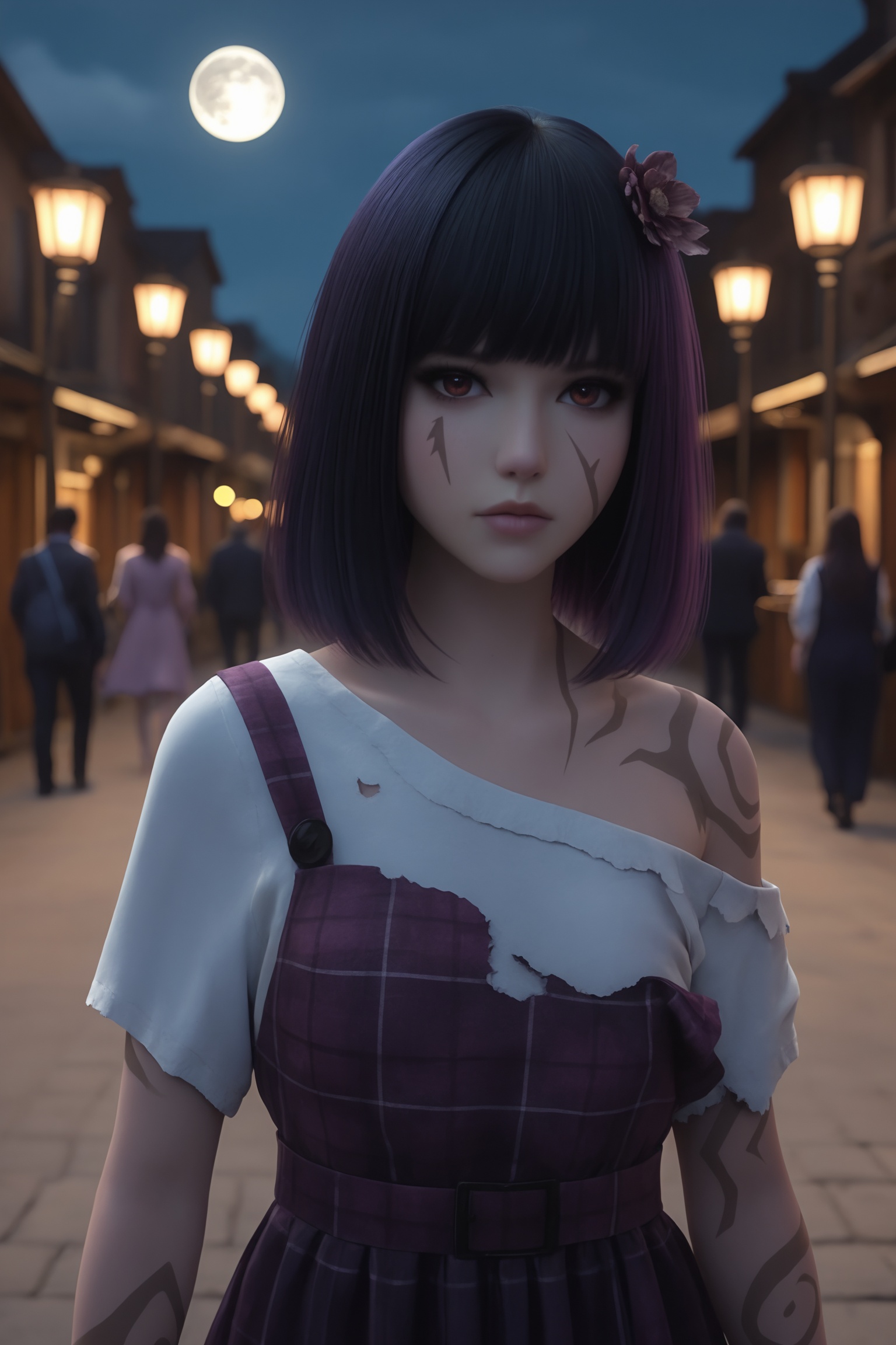 1girl,solo,shiny,shiny_hair,upper_body,fair_skin,white_skin,shiny_skin,shiny,Ivory_skin,looking at viewer,cinematic lighting,volumetric lighting,solo focus,blurry background,depth of field,night,sky,night sky,full moon,moonlight, <lora:暗界神使-阿璃-ILL:0.7> straight, shoulder-length black hair,bangs,dark pink hair flower, torn, off-shoulder, purple plaid dress,white undershirt, swirling tattoos,