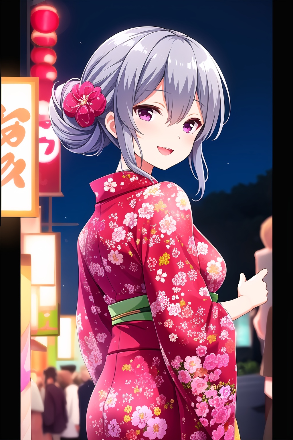 (masterpiece, best quality), highly detailed background, perfect lightingbest quality, shigetoakiho, solo, outdoors, night, summer festival, grey hair, hair bun, hair between eyes, short hair, purple eyes, medium breasts, red kimono, floral print, japanese clothes, smile, open mouth, :d, pink lips, <lora:Shigeto-Akiho:0.7>