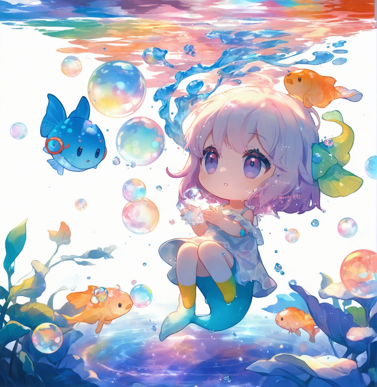 chibi,1girl,beautiful,white background,water drops,wet clothes,beautiful detailed water,floating,((colorful bubble)),(floating),detailed light,