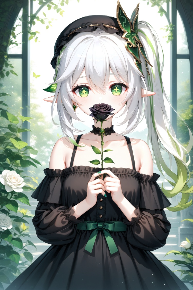 (masterpiece),(best quality),illustration,ultra detailed,hdr,Depth of field,(colorful),1girl,black flower,black rose,rose,nahida (genshin impact),solo,green eyes,flower,pointy ears,butterfly,side ponytail,holding,bug,black nails,dress,holding flower,white hair,looking at viewer,long hair,jewelry,hair ornament,alternate costume,hair between eyes,green hair,symbol-shaped pupils,frills,black dress,choker,hairband,green nails,nail polish,black choker,bare shoulders,upper body,collarbone,multicolored hair,off shoulder,earrings,off-shoulder dress,lolita fashion,covered mouth,white rose,green flower,gem,long sleeves,black headwear,cross-shaped pupils,