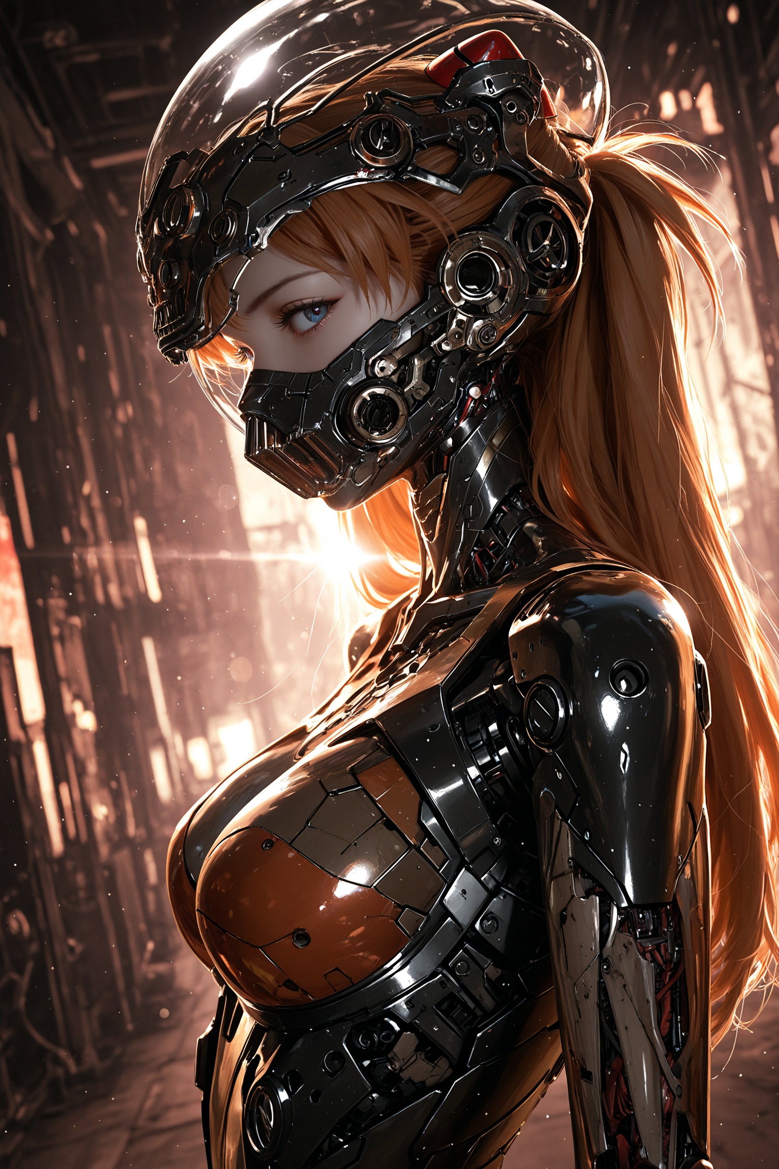 masterpiece,best quality,amazing quality,very aesthetic,absurdres,newest,in the style of fashion photography,light particles,cinematic lighting,Visual impact,sharp focus,Emotionalization,impactful picture,lens flare,depth of field,dynamic pose,dutch angle,extreme aesthetic,scenery,nixeu:0.5,yoneyama mai:0.5,souryuu asuka langley,1girl,solo,long hair,closed mouth,medium breasts,armor,eyelashes,profile,mask,forehead,science fiction,mouth mask,sideways glance,android,hair slicked back,cyborg,robot joints,mechanical parts,cyberpunk,looking at viewer,upper body,from side,translucent skin,mechanical structure,ray tracing,unreal engine,cyberpunk,steampunk,