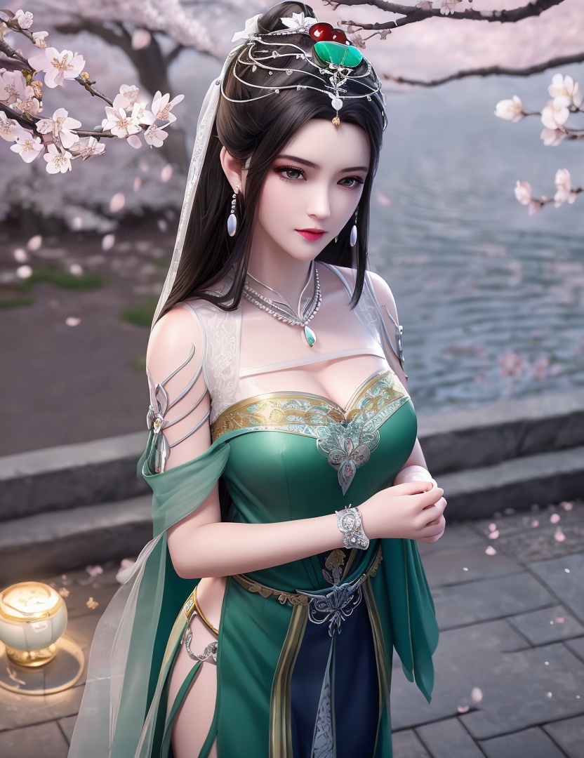 ultra realistic 8k cg, picture-perfect face, flawless, clean, masterpiece, professional artwork, famous artwork, cinematic lighting, cinematic bloom, perfect face, beautiful face, fantasy, dreamlike, unreal, science fiction,   lace, lace trim, lace-trimmed legwear,  (rich:1.4), prestige, luxury, jewelry, diamond, gold, pearl, gem, sapphire, ruby, emerald, intricate detail, delicate pattern, charming, alluring, seductive, erotic, enchanting, hair ornament, necklace, earrings, bracelet, armlet,halo((,1girl, pov,))  , ((((1girl, solo, ,cherry blossoms,outdoors, ))))<lora:DA_LinQingZhu:0.7>