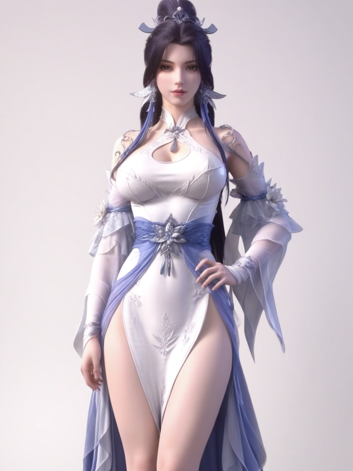 score_9,<lora:SF_LingQingZhu_Pony_Realism2.3-000003:0.7>,1girl,solo,dress,lips,long hair,hair ornament,black hair,bare shoulders,clothes,large breasts,standing,bare legs,fair_skin,white_skin,Ivory_skin,looking at viewer,white background,