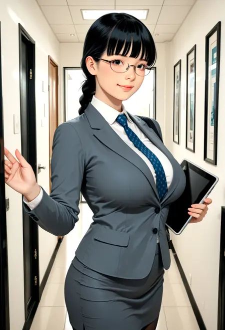 1girl, ayatsuji tsukasa, huge breasts, braided ponytail, semi-rimless eyewear, business suit, pencil skirt, pantyhose, necktie, holding tablet pc, office, hallway, smile, looking at viewer,, ZSA_IL_RL_POS