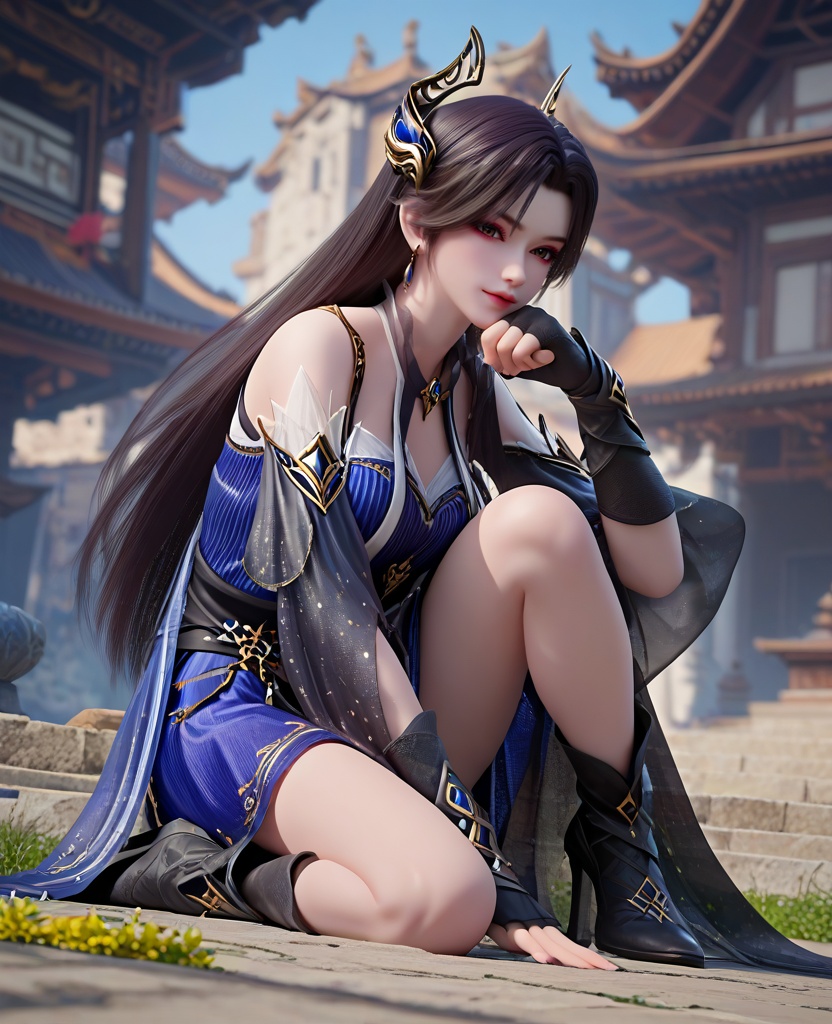 (oriental architecture, elegant decor, sophisticated style:1.1),(Dynamic Landing, One knee on the ground, fist pressed against the ground after a powerful landing,:1.1),looking at viewer,(breasts:1.2),<lora:XL16斗破苍穹曹颖:0.95>,miss caoying,black dress,slip blue dress,brown eyes,red eyeshadow,black hair,very long hair,hair ornament,earrings,jewelry,fingerless gloves,black heels,, score_9,score_8_up,score_7_up,score_6_up,score_5_up,score_4_up,3d rendering,tag1,tag2, Cinematic Lighting,backlighting,, zPDXL3, zPDXL2,zPDXL, zPDXLxxx, zPDXLrl,