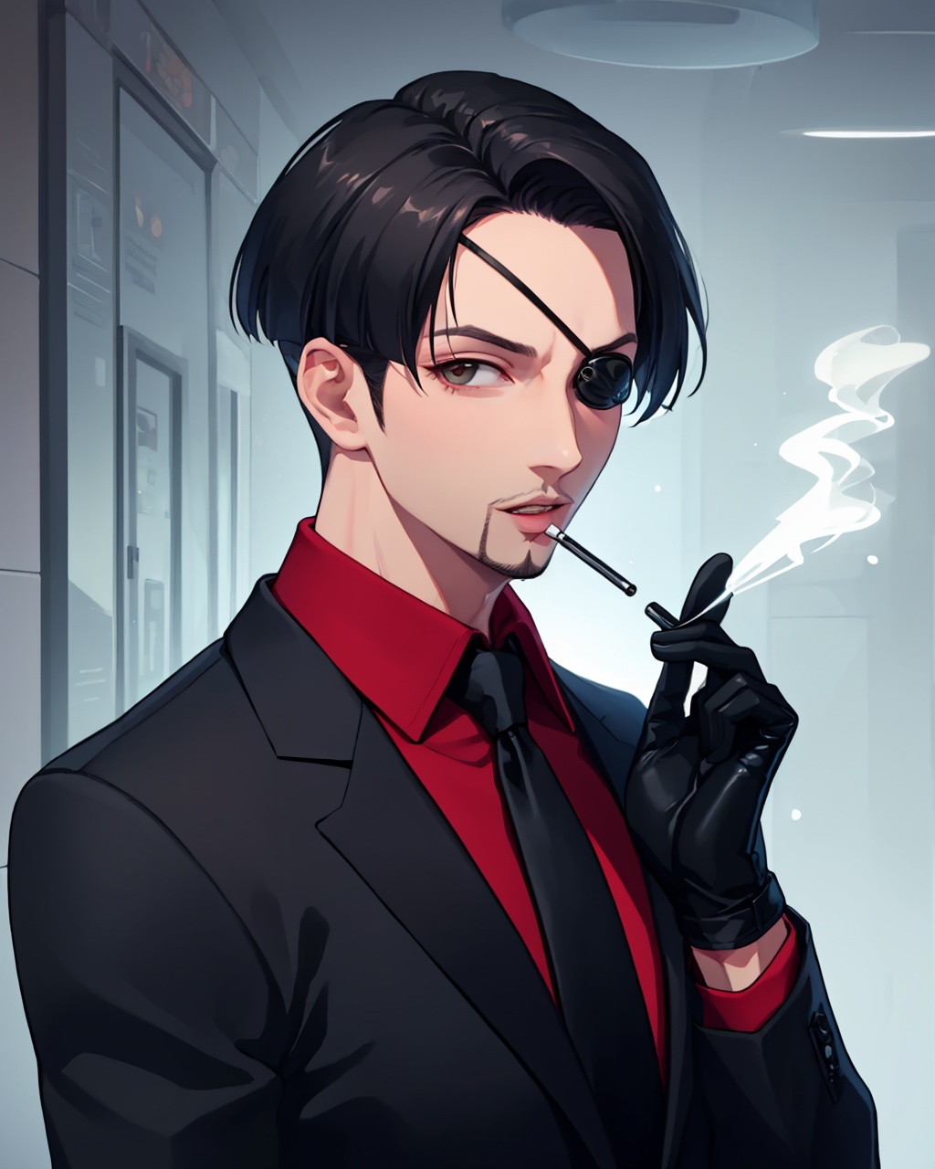 masterpiece,best quality, highly detailed, 1boy,majima goro,male focus,solo,red shirt,formal,goatee,black necktie,one-eyed,black gloves,black jacket,leather gloves,suit,looking at viewer,smoking,upper body,<lora:majima_goro:1>