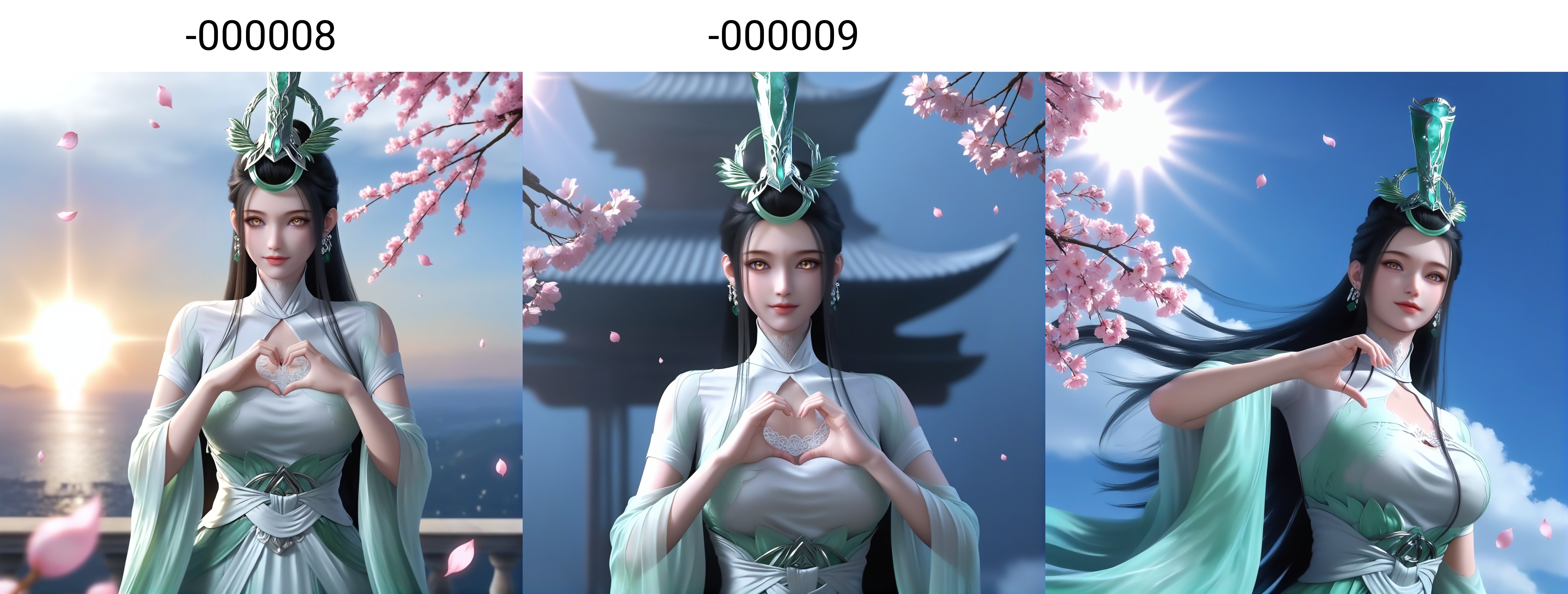 (score_9),collarbone,(glamor:1.1),narrow waist,<lora:陆嫁嫁pony-v2-000008:0.82>,long hair,black hair,jade headdress,crystal earrings,headdress,light blush,light smile,green dress,high collar,white lace choker,clothing cutout,chest cutout,low hair bun,waist sash,amber eyes,heart hands,(single _glowing eyes),looking at viewer,front view,upper body,BREAKtwig,branch,falling petals,sunlight,sun,day,masterpiece,best quality,absurdres,highres,hd,