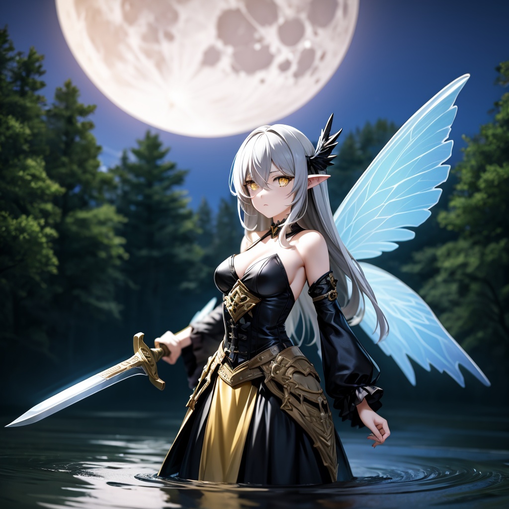 1girl, wings, yellow eyes, solo, weapon, water, outdoors, sword, detached sleeves, grey hair, night, holding, moon, nature, fairy wings, bare shoulders, holding weapon, hair between eyes, long hair, forest, closed mouth