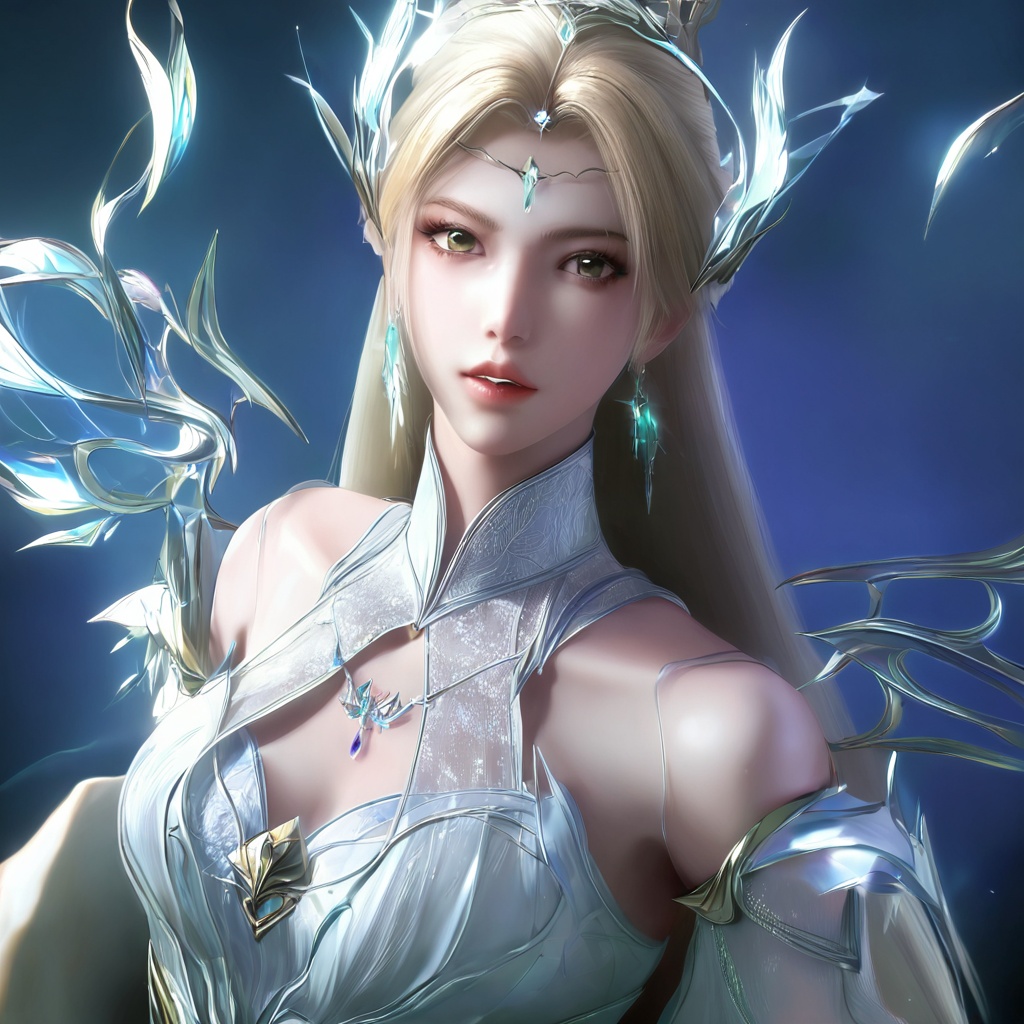 masterpiece,best quality,cinematic,(ultra-detailed),perfect composition,intricate details,absurdres,detailed face,high quality,high res,8K,1girl,solo,hair ornament,long hair,upper body,white dress,jewelry,earrings,dress,white hair,bare shoulders,looking at viewer,parted lips,realistic,teeth,blonde hair,