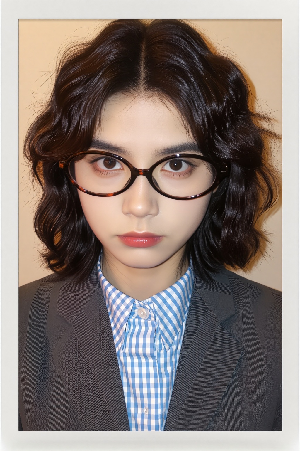 ZOZ_PLD,a photo-realistic portrait of a young woman with a neutral expression,wearing glasses and a blue and white checkered shirt,the woman,who appears to be in her late teens or early twenties,has short,wavy black hair and brown eyes,she is positioned in the middle of the frame,looking directly at the camera with a serious expression,the background is a plain beige wall,and the image is framed in a white photo frame with a soft,natural lighting effect,the subject is wearing a grey blazer over a blue gingham shirt,which contrasts nicely with the neutral tones of the background,the overall aesthetic is minimalistic and professional,with a focus on the womans face and clothing,