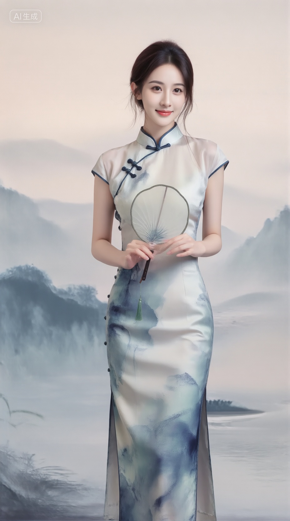 千问佳人,  真人中式美人身着水墨渐变旗袍,  立于朦胧山水背景前 by 光影驿站 on Tensor.Art