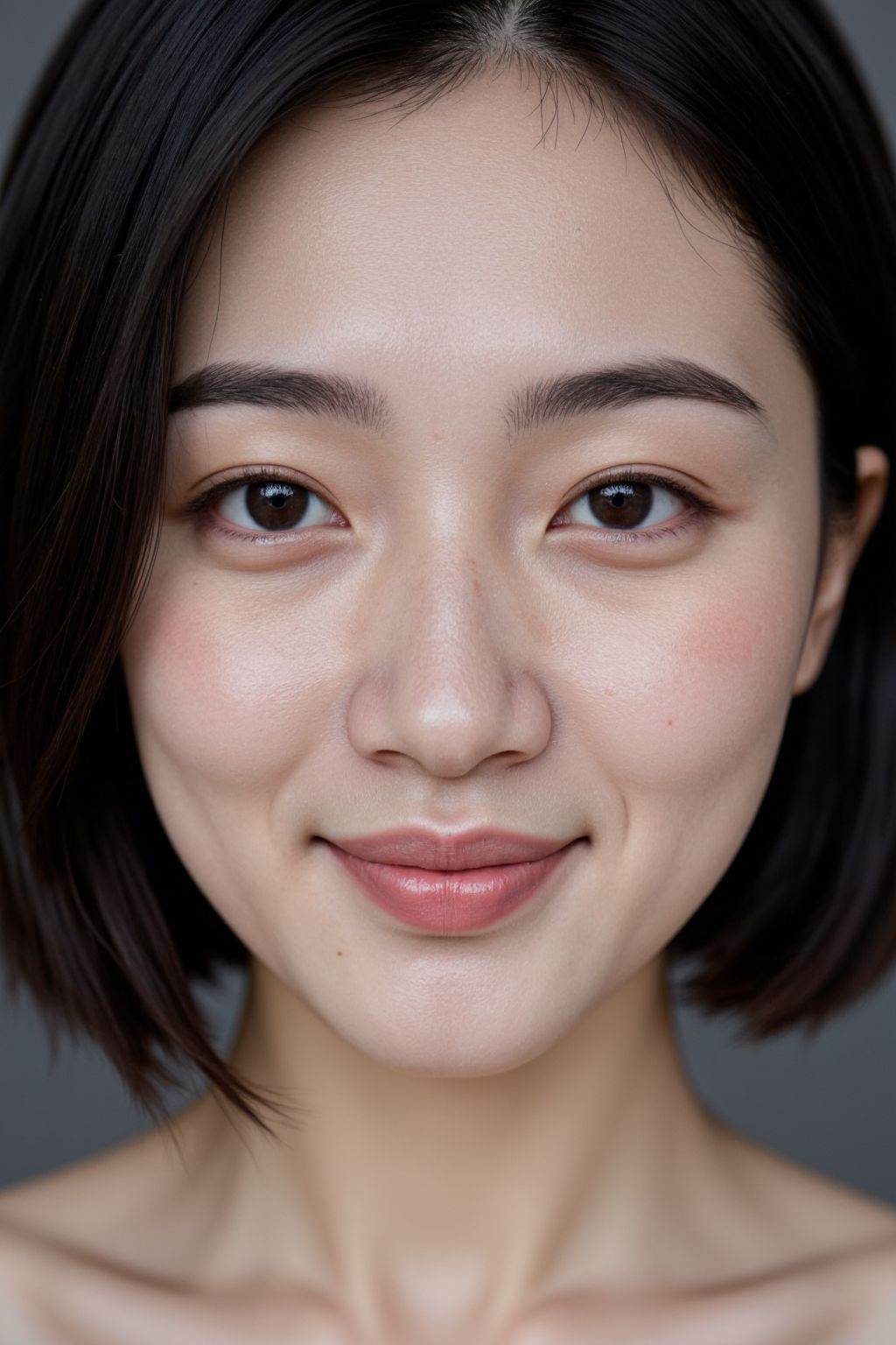 This slightly dimmed close-up portrait depicts an Asian woman in her early twenties with short, parted black hair. Her features are sharp, with realistic skin tones and pores visible. Her eyes, deep and slightly smiling, gaze directly at the viewer. The realistic skin tones and pores are clearly visible, and her complexion is relatively fair. The soft lighting casts subtle shadows, highlighting the facial features and creating a cinematic atmosphere. The background on outdoors creates a striking contrast, highlighting the subject. The facial contours are sharp, and the realistic skin tones are clearly visible. The work exhibits a modern, minimalist aesthetic, reminiscent of a studio scene or portrait. The overall atmosphere is restrained and slightly melancholic, creating a sense of fragility. The composition is balanced, with the subject positioned centrally. The perspective is frontal. The work is distinctive in style.