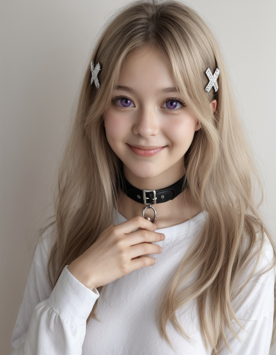 masterpiece,soft lighting,best quality,amazing quality,very aesthetic,newest,absurdres,1girl,black collar,collar,hair ornament,hand up,long hair,looking at viewer,purple eyes,shirt,smile,solo,white shirt,x hair ornament,realistic,photorealistic,