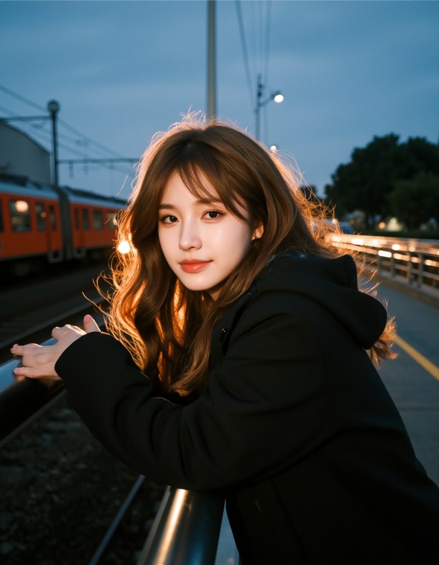 neomj,flashlight,Film Photography,The image depicts a young woman with long, wavy brown hair, leaning against a railing at dusk. She's wearing a dark hooded jacket and has a slight smile. Her arms are resting on the railing, and her gaze is directed slightly off-center. Behind her, a train is visible, its headlights illuminating the foreground. The overall scene is bathed in a cool, blueish light, indicating twilight or early evening. A soft, golden light, almost like rim lighting, catches the edges of her hair and jacket, creating a subtle, ethereal glow. The light from the train headlights is diffused and warm, almost resembling a subtle, localized Tyndall effect through the environment, adding depth to the scene. Additionally, the light reflecting on the railing she's leaning on creates a very soft and diffused reflection. The dark sky contrasts with the light source, enhancing the light and shadow play.<lora:neomj闪光灯v3_12:1>,