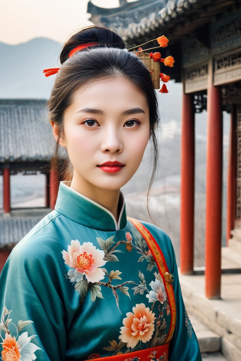 woman close up portrait,  Chinese style landscape painting,  a girl with exquisite looks. China Dress on Tensor.Art