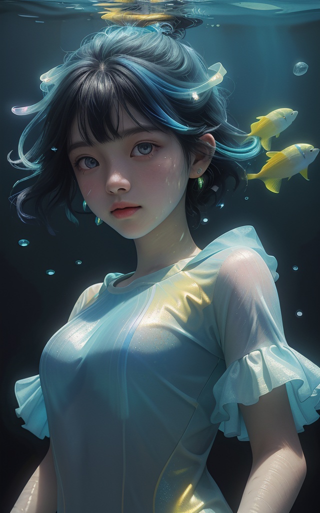colorful,girl swims underwater,hyper detailed render style,glow,yellow,blue,brush,surreal oil painting,shiny eyes,head closeup,exaggerated perspective,tyndall effect,water drops,mother of pearl iridescence,holographic white,black background,