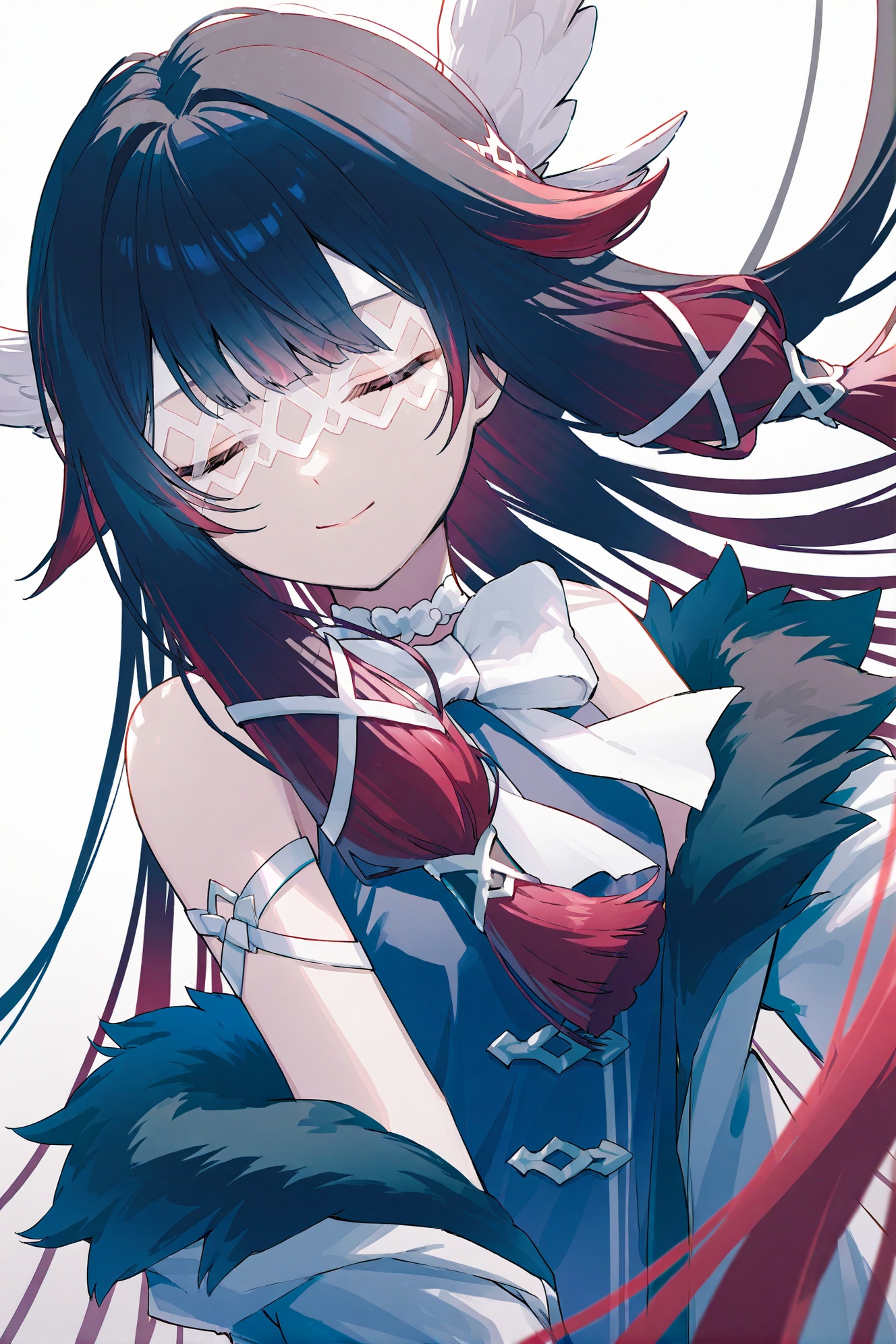 yejji,Ryuzaki Ichi,Rosuuri,ka ra ra ge tsu ne,Columbina\(genshin impact\), 1girl, closed eyes, solo, multicolored hair, black hair, fur trim, eye mask, smile, long hair, fur-trimmed coat, bow, coat, red hair, upper body, closed mouth, white mask, hair ornament, white bow, two-tone hair, white coat, bowtie, sleeveless, facing viewer, sidelocks, off shoulder, bare shoulders, gradient hair, ribbon, white background, simple background, wings, dress, head wings