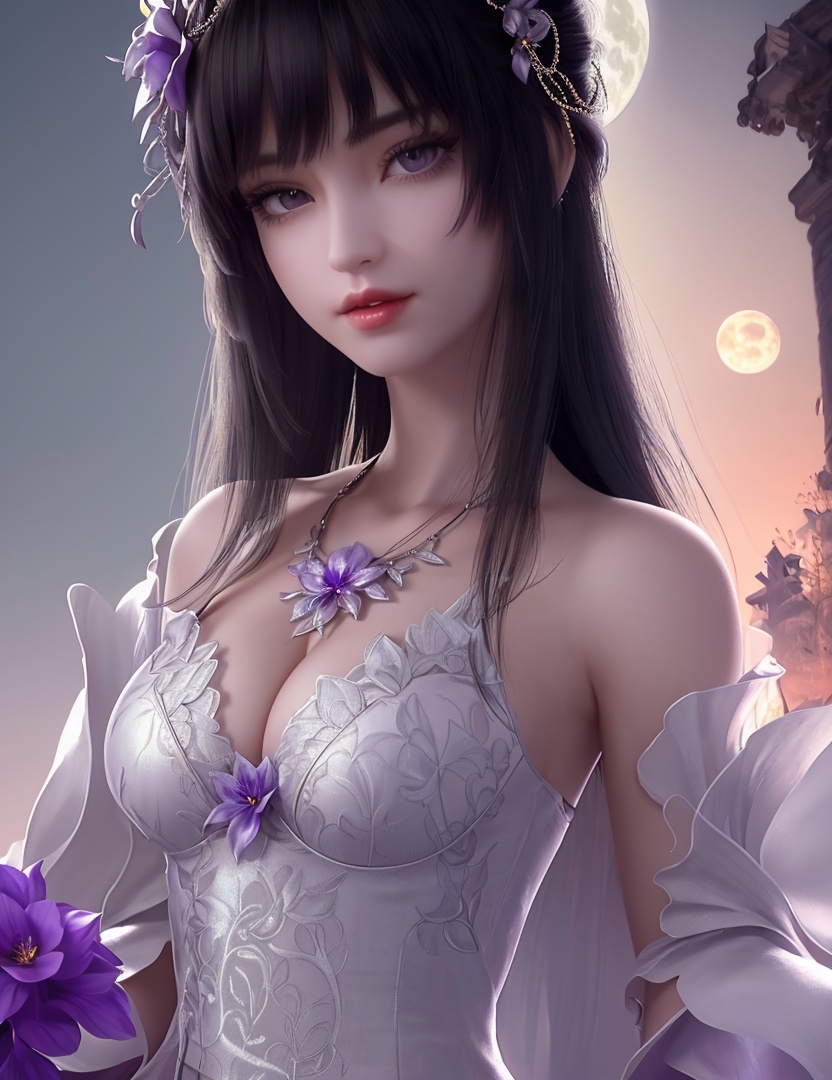 ultra realistic 8k cg, picture-perfect face, flawless, clean, masterpiece, professional artwork, famous artwork, cinematic lighting, cinematic bloom, perfect face, beautiful face, fantasy, dreamlike, unreal, science fiction,   lace, lace trim, lace-trimmed legwear,  (rich:1.4), prestige, luxury, jewelry, diamond, gold, pearl, gem, sapphire, ruby, emerald, intricate detail, delicate pattern, charming, alluring, seductive, erotic, enchanting, hair ornament, necklace, earrings, bracelet, armlet,halo((,1girl, pov,))(((1girl, jewelry, solo,, breasts, , looking_at_viewer,  outdoors,  full moon,  upper body,  purple flower, )))    <lora:DA_YueChanTeen:0.7>