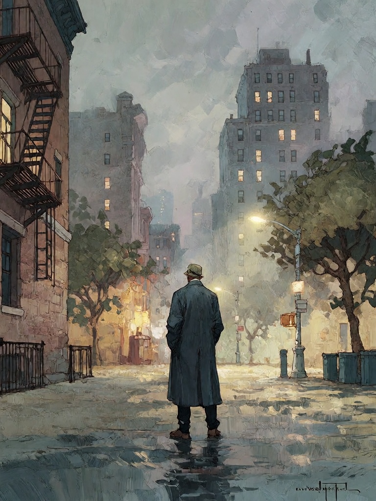 Bradhamel art style. A lone figure in a long dark coat stands centered on a wet,  reflective city street at night,  surrou...