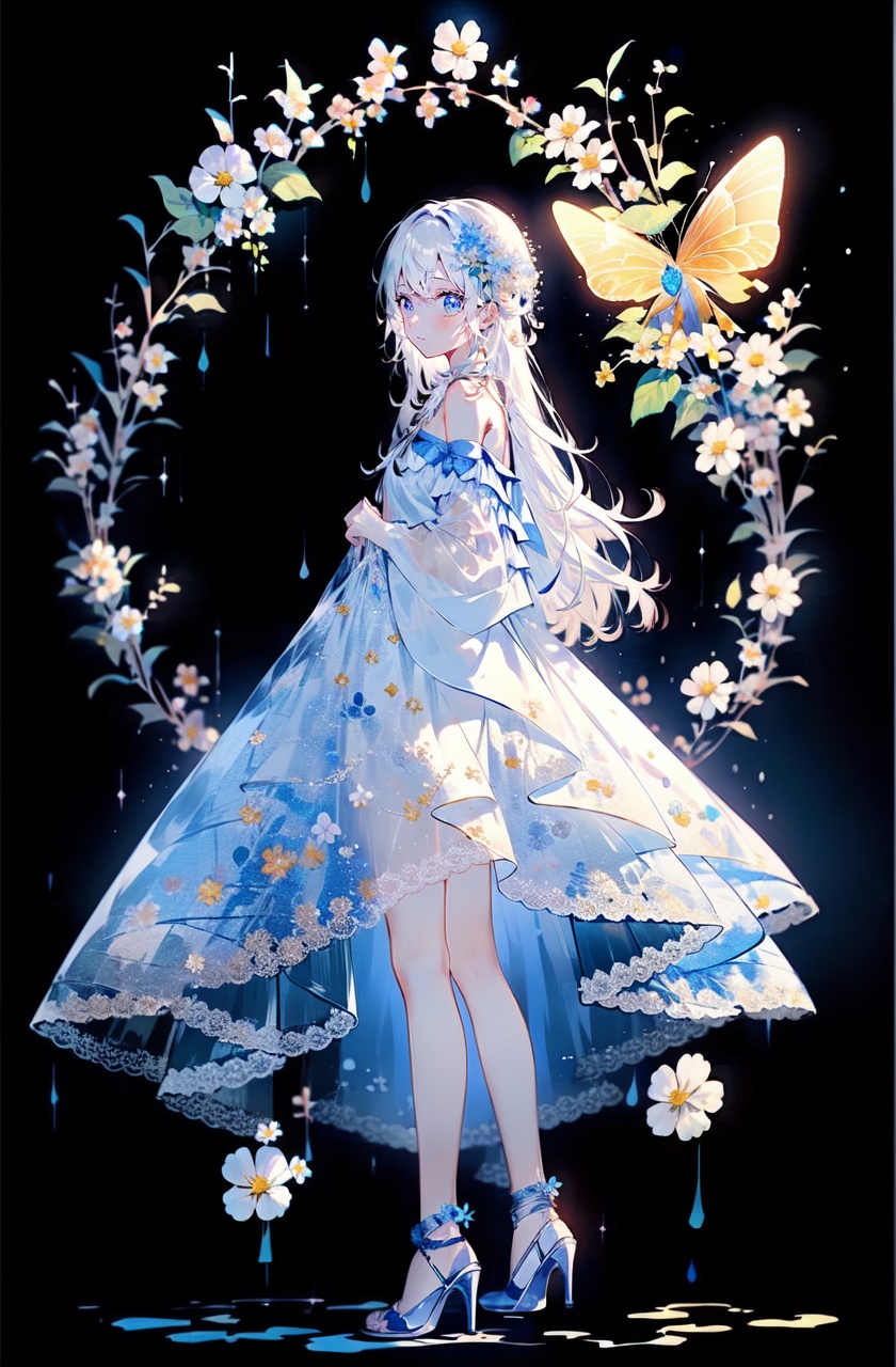 masterpiece,bset quality,high quality,highres,1girl,solo,long hair,high heels,flower,black background,full body,white hair,looking at viewer,standing,white dress,butterfly,floral print,rain,white footwear,blue flower,hair ornament,hair flower,bangs,closed mouth,see-through,hydrangea,sleeveless,bare shoulders,from side,see-through sleeves, 