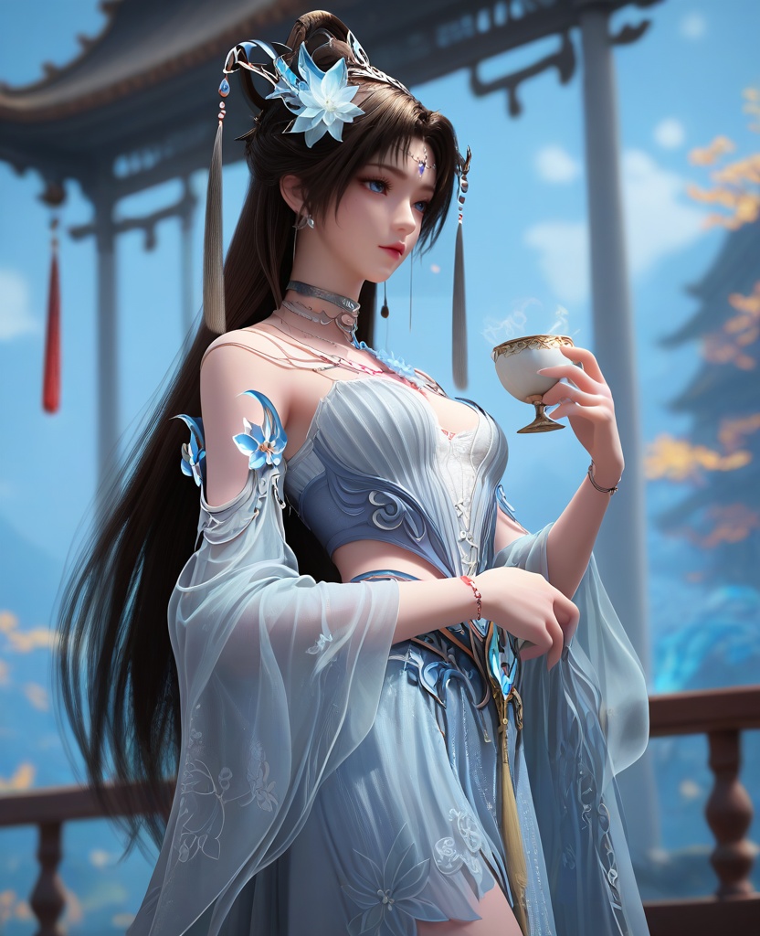 (oriental architecture, elegant decor, sophisticated style:1.1),Standing near a window, holding a cup of tea or coffee, lost in thought and relaxation,,(breasts:1.2),<lora:XL16完美世界邀月公主:0.95>,princess yaoyue,white corset mermaid gown with front thigh-high slit,blue eyes,black hair,draped looped buns with long cascading hair,very long hair,crescent crystal ornament,hair ornament,jewelry,hagoromo,wide flowing sleeves,, zPDXL2, score_9, score_8_up, score_7_up BREAK realistic, masterpiece,best quality, highly detailed,, zPDXL3, zPDXL2,zPDXL, zPDXLxxx, zPDXLrl,