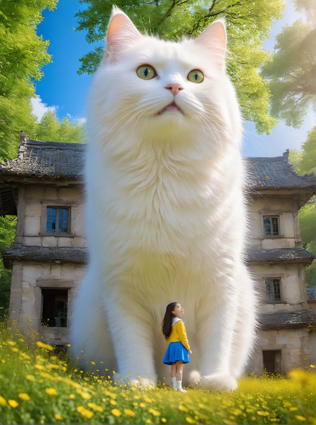 <lora:white cat 过拟V1.0-0008:0.8>,large white cat,a young girl,in the middle of the forest, large building,, (masterpiece, best quality, highres:1.2),