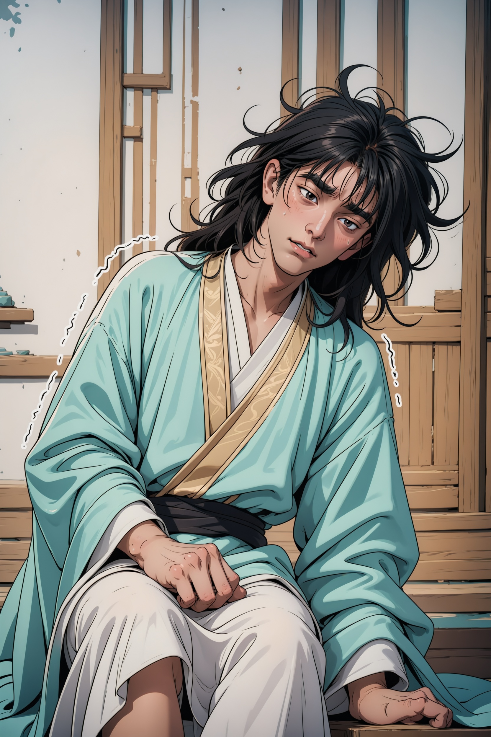 .,.,general,.,.,solo,feet out of frame,messy hair,twitching,trembling,1boy,hanfu,