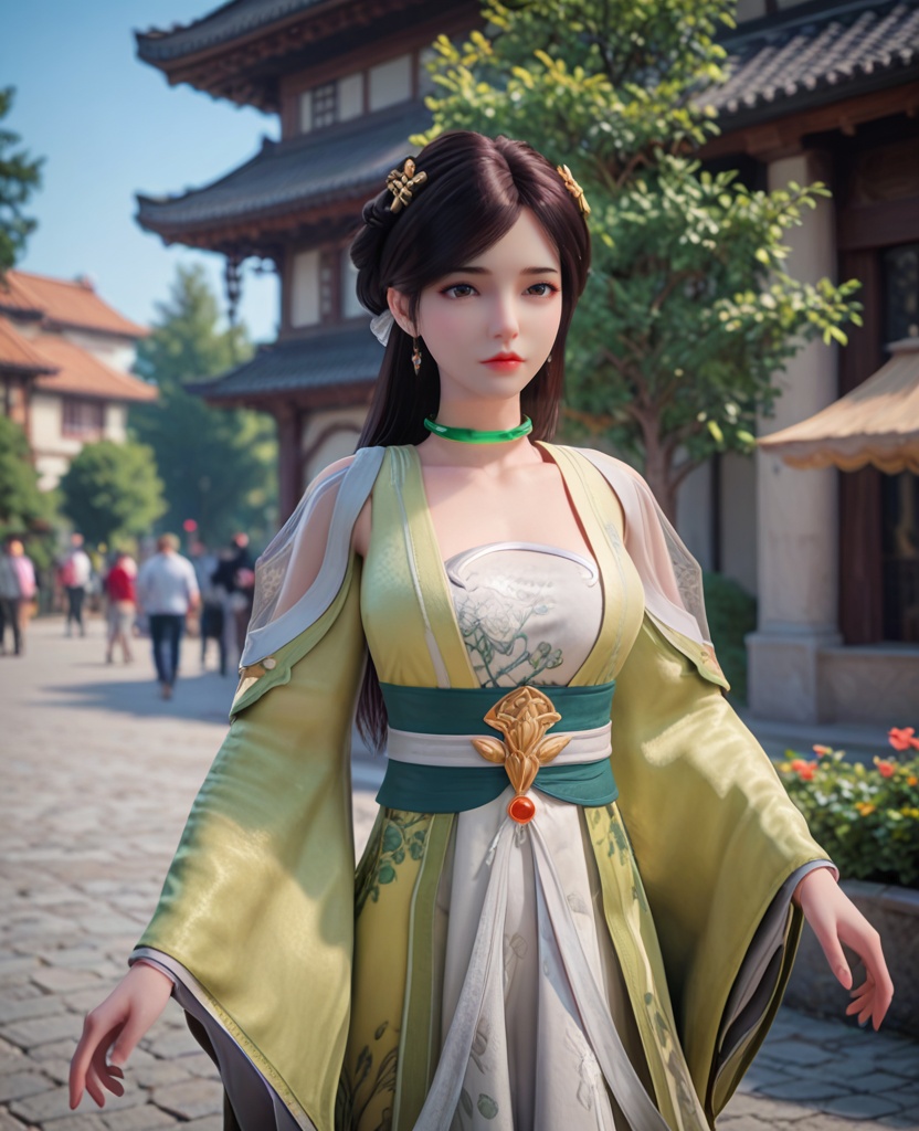 (oriental architecture, elegant decor, sophisticated style:1.1),Posing with one leg lifted, hands touching the lifted foot,,(breasts:1.2),<lora:XL完美世界阿蛮:0.9>,miss aman,solo,yellower dress,green choker,hair ornament,jewelry,hollow shoulder,floral print white bra,brown eyes,bangs,long hair,black hair,green sash,overskirt,collarbone,red lips,long sleeves,, zPDXL2, score_9, score_8_up, score_7_up BREAK realistic, masterpiece,best quality, highly detailed,, zPDXL3, zPDXL2,zPDXL, zPDXLxxx, zPDXLrl,